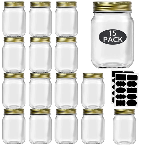 Mason Jars Rainforce, 480 ml, boca normal, paquete de 15 unidades con tapas