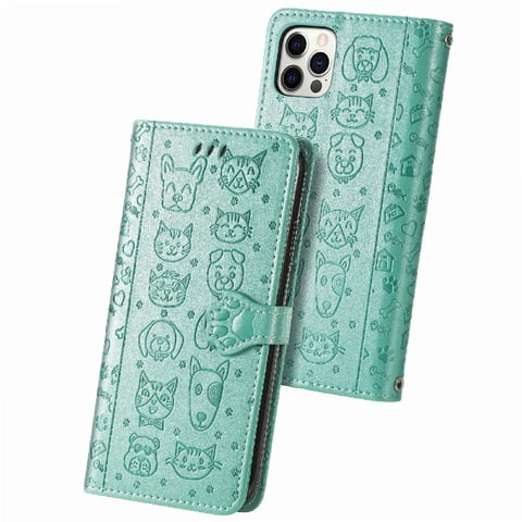 Funda Cartera Foxdock Para Iphone 12 Promax , Flip Pu Con Relieve De Gatos Y Perros, Tarjetero Y Soporte