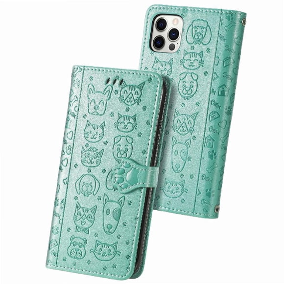 Funda Cartera FOXDOCK para iPhone 12 ProMax , Flip PU con Relieve de Gatos y Perros, Tarjetero y Soporte