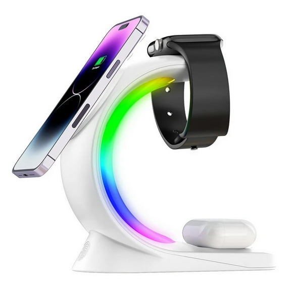 Estación de Carga Inalámbrica, 6-Color RGB Light 15W Fast Magnetic Wireless Charger Stand For Apple Multiple Devices-Blanco