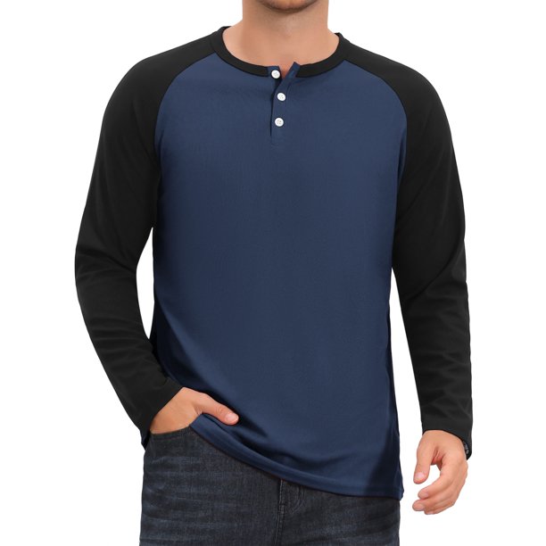 INSPIRE CHIC Camisetas Henley de Hombre con Mangas Raglán de Manga Larga Botón Camiseta de Béisbol S Azul Marino