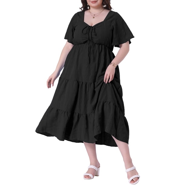 Vestido de verano para mujer de talla grande Agnes Orinda con cuello de corazón, manga corta con volantes, vestido midi en línea A con capas 3X negro