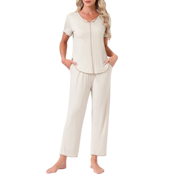 INSPIRE CHIC Conjuntos de Pijamas de Mujer Verano Ropa de Dormir con Sujetador Incorporado Camisetas de Manga Corta y Pantalones Conjunto de Salón con Bolsillos M Beige