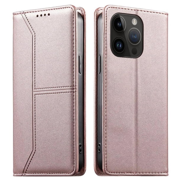 Funda tipo cartera con bloqueo RFID para iPhone 15 Pro Max cubierta magnética de cuero con tapa y soporte Rosa