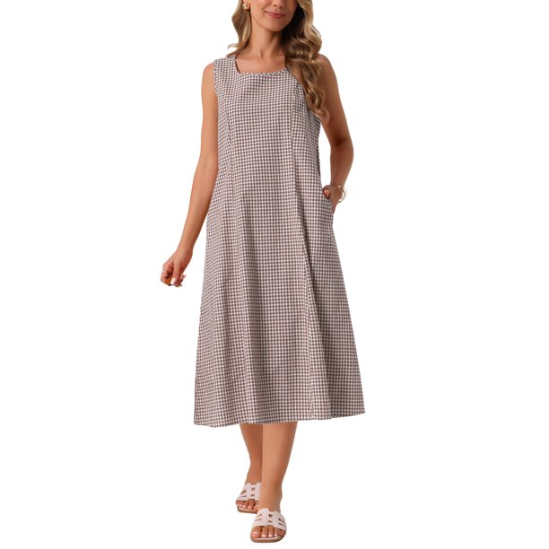 INSPIRE CHIC Vestidos sin mangas a cuadros para mujer, ajuste holgado casual, vestido midi de cuadros con bolsillos, atuendos de verano, S marrón oscuro