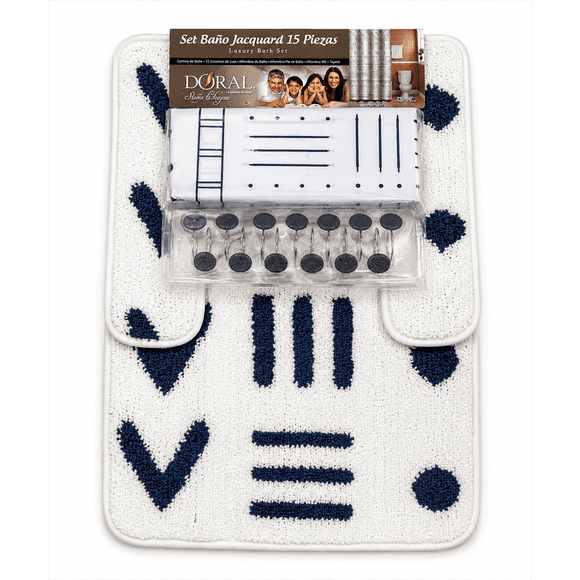 Set de Baño 15 Piezas Doral - Cortina + Alfombras + Ganchos - lineas y puntos azul blanco