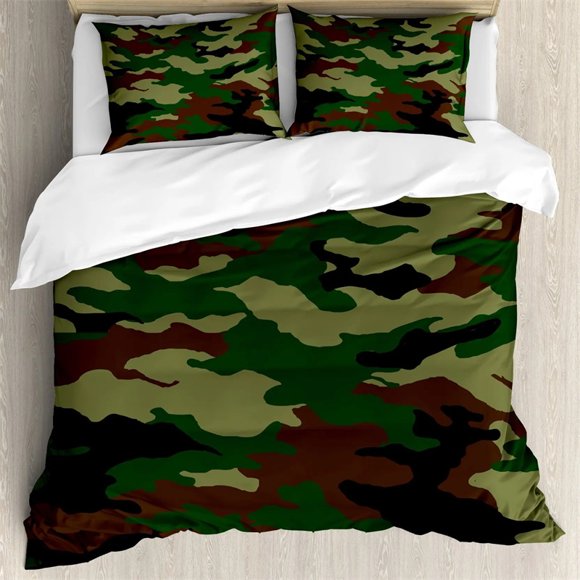 x2110 Bed SheetsArmy Green Camouflage Duvet Cover Monochrome Attire Pattern Concealing Hiding In The Woods Themed Print Decor Piece Men Gifts 3-Piece Bedding Set (1 Duvet Cover + 2 Pillow Shams) nj21