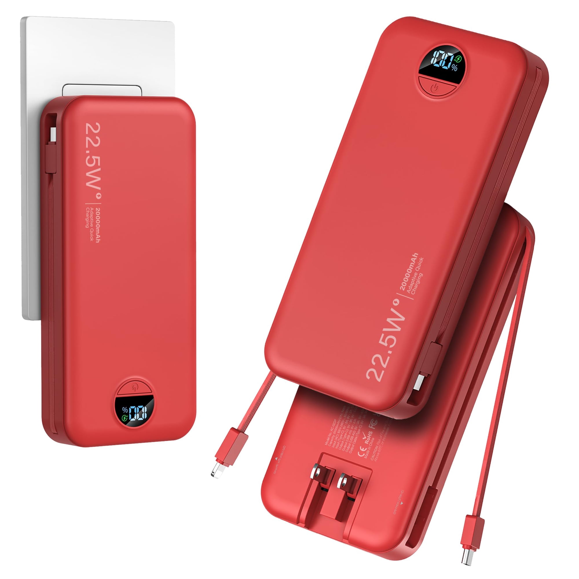 Power Bank Aonidi De 20000 Mah Con Cables Integrados Y Enchufe De Pared Ac