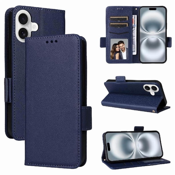 Funda Cartera para iPhone 16 Tapa Flip con Ranuras y Soporte Azul