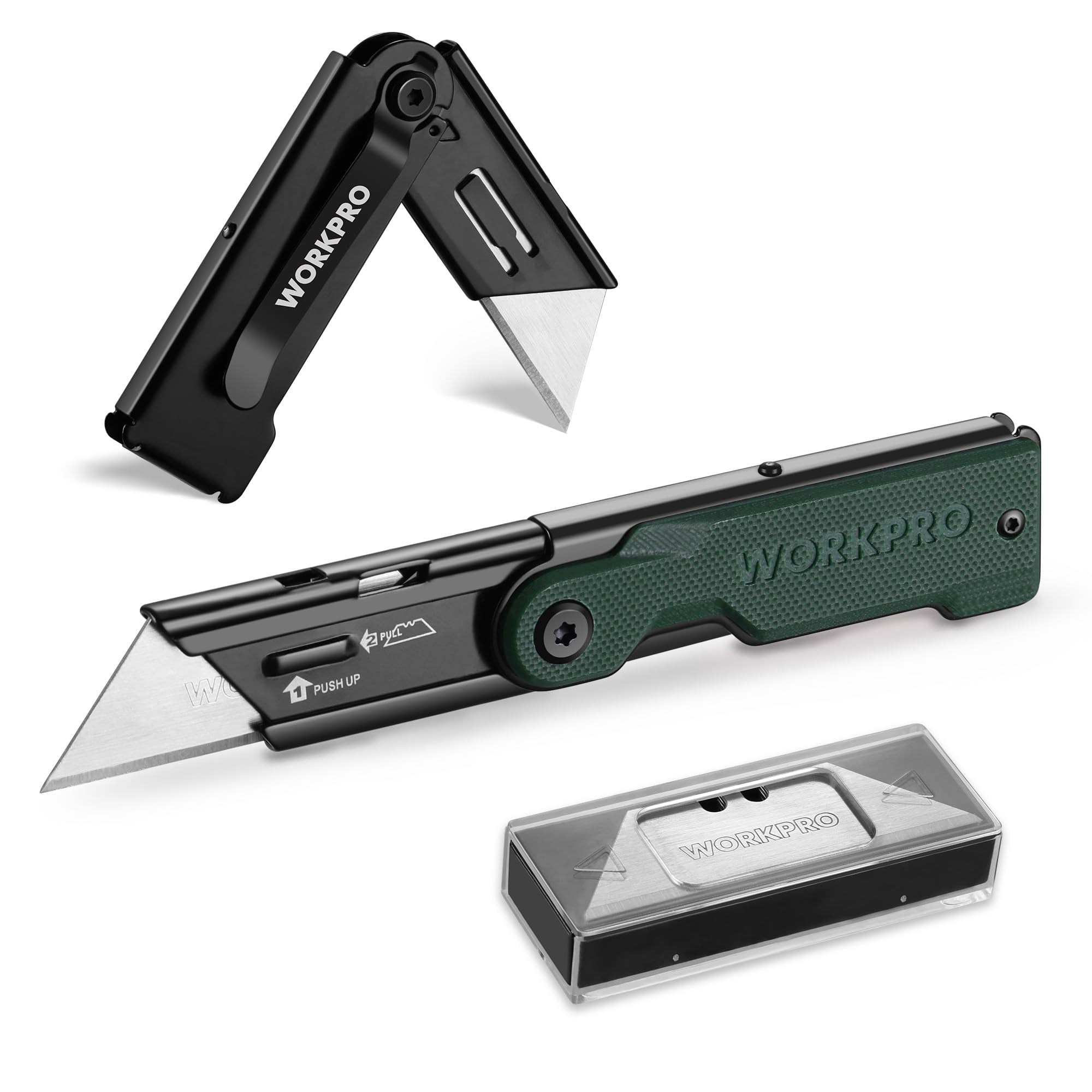 Navaja Multiusos Plegable Workpro Con 10 Hojas Adicionales, Color Verde