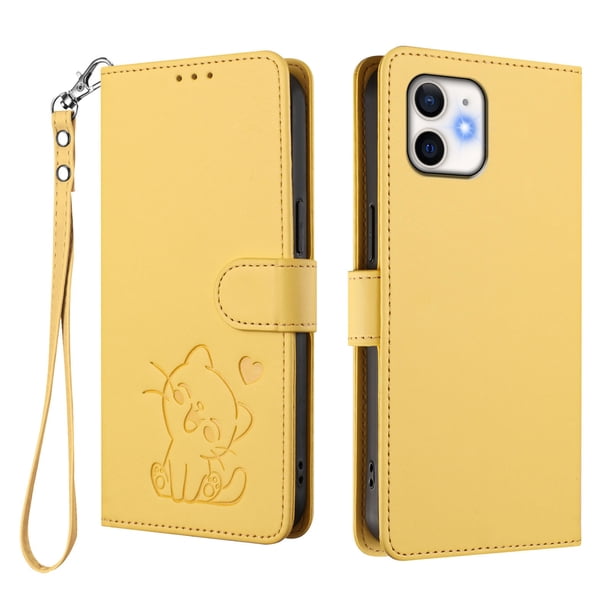 iPhone 12/12 Pro Funda Billetera con Estampado de Gato, Amarillo