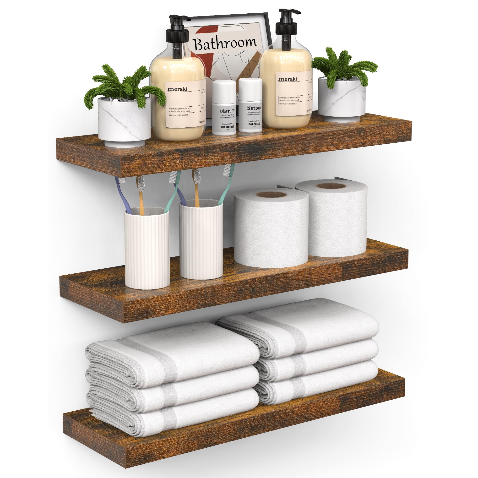 Set De 3 Estantes Flotantes Bayka De Madera Rústica Marrón 41 Cm