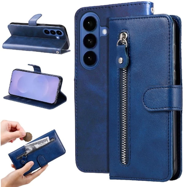 Funda tipo cartera para Samsung Galaxy S26 Plus con bolsillo con cremallera y ranuras para tarjetas – Función de soporte Azul