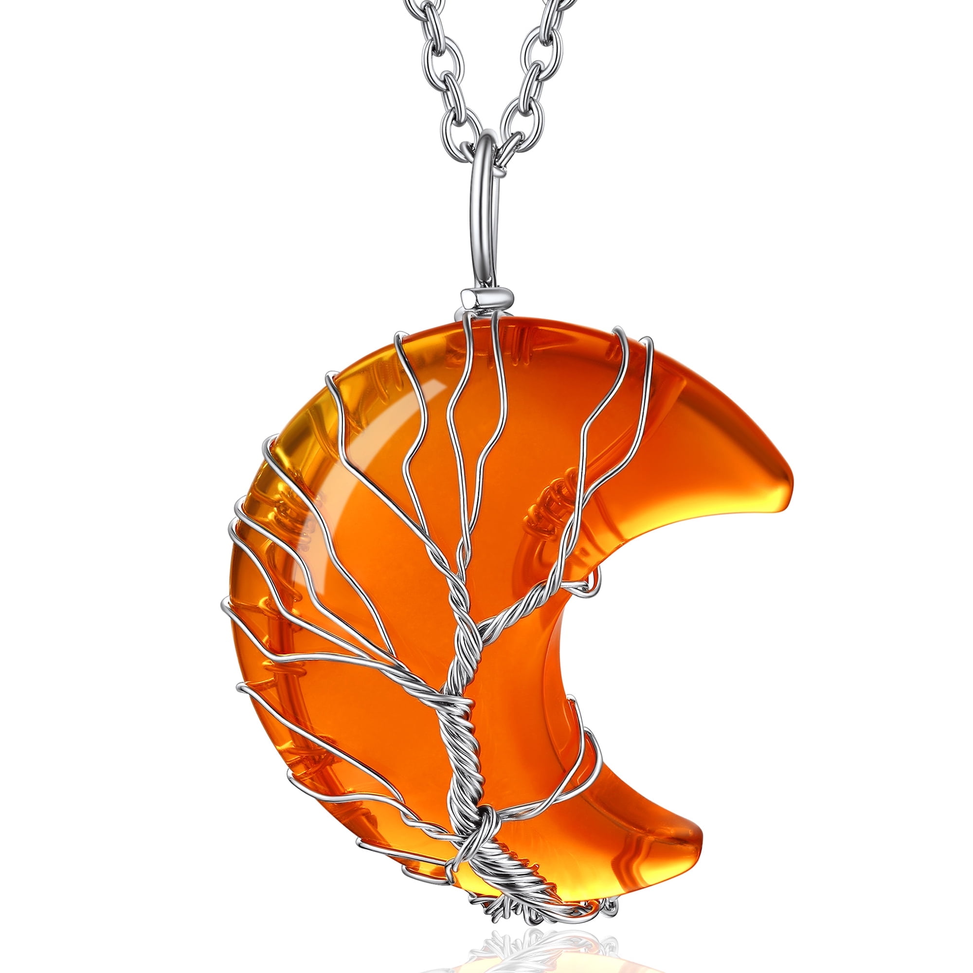 Heshpaws Árbol De La Vida Collar De Collar De Alambre Envuelto De Luna Creciente Colgante De Piedra De La Luna Creciente Colgante,7 Chakra Collar De Joyería De Cristal De Curación Para Mujeres