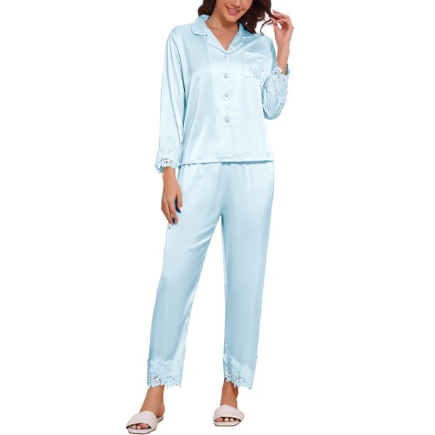 INSPIRE CHIC Conjunto de Pijama de Satén para Mujer con Manga Larga, Cuello con Muesca, Camisa Abotonada y Pantalones con Encaje Calado para Ocasiones Nupciales Grande Azul