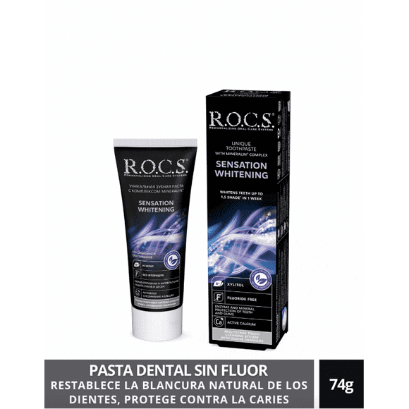 Pasta Dental Blanqueadora Rocs Sensation Whitening. Sin Fluor  74g