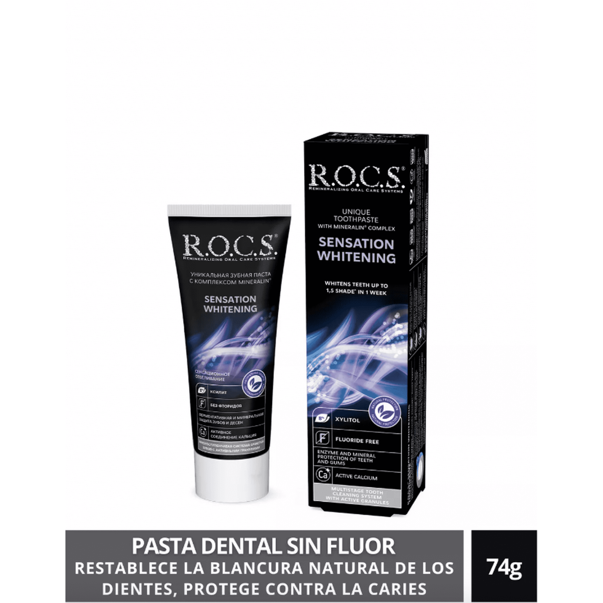 Pasta Dental Blanqueadora Rocs Sensation Whitening. Sin Fluor 74g