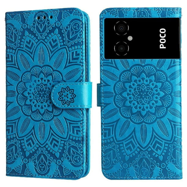 Funda tipo cartera FOXDOCK para Xiaomi Poco M5 4G , diseño girasol en relieve, cuero PU, cierre magnético, soporte y tarjetero