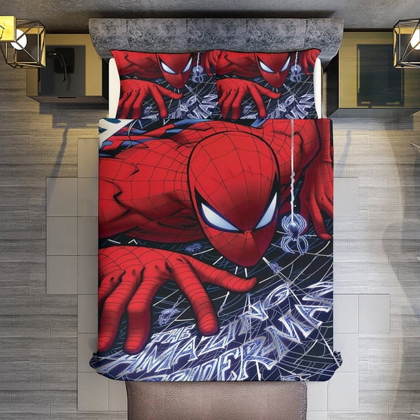 Spider-Man 3 Piece Sets Full/Queen Size - Reversible Microfiber Quilts with 2 Shams Soft Lightweight Bedspread Coverlet Comforter for All Season Bed Sheets