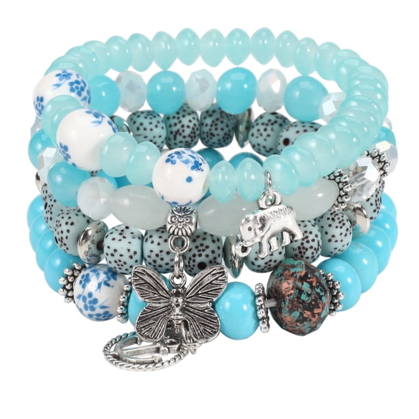 Unique Bohemian Layered Beaded Bracelet - Elephant, Anchor & Butterfly Shaped Pendant - Stretchable & Stackable - Perfect for Summer Beach & Unisex Accessories