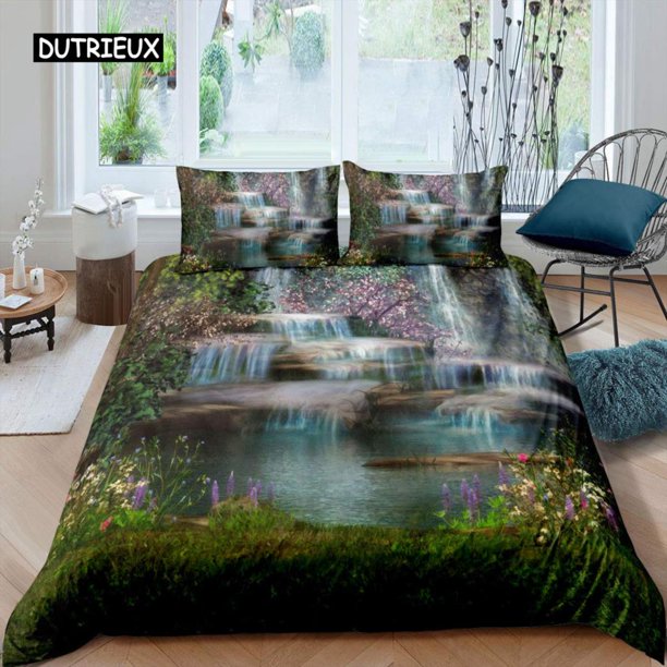 x1884 Bed SheetsWaterfall Duvet Cover Set Natural Scenery Quilt Cover Pillowcase Landscape Forest Waterfall Size Polyester Bedding Set 3-Piece Bedding Set (1 Duvet Cover + 2 Pillow Shams) nj1884