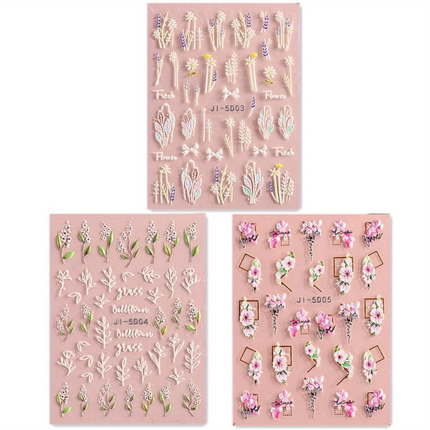 3 Sheets 5D Flower Nail Art Stickers Nail Stickers Acrylic Embossed Engraved Nail Decals Nail Art Supplies Pink White Floral Leaf Cherry Blossom Adhesive Sliders DIY Manicure Nail Art Decorations For