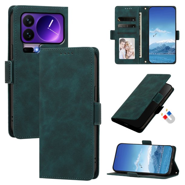 Funda Billetera Delgada para Xiaomi 17 Pro con Ranuras y Soporte Verde oscuro