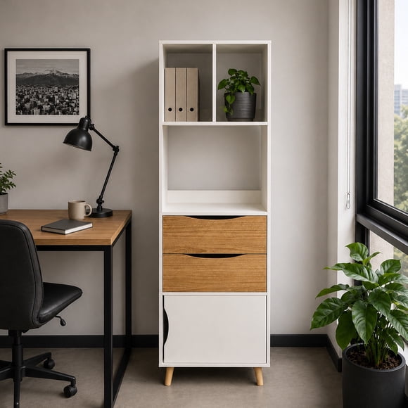 Estante Organizador Nórdico Con 2 Cajones Madera/Blanco, Diseño Moderno y Funcional, Alta Resistencia, Ideal para Dormitorio u Oficina