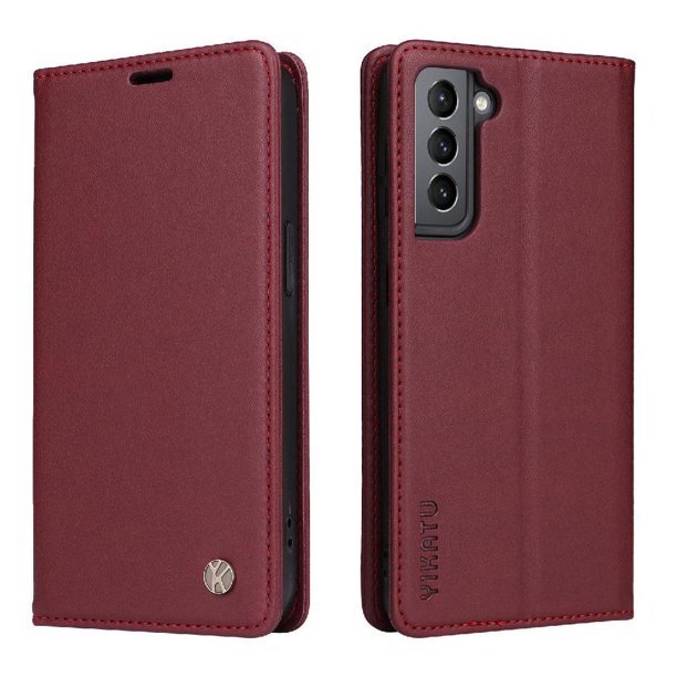 Funda Billetera de Cuero para Samsung Galaxy S21 con Tarjetero y Soporte - Tapa Magnética Rojo