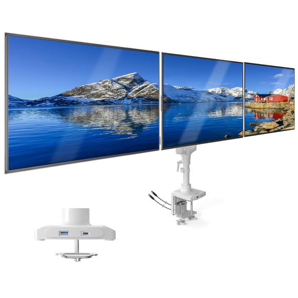 Soporte para monitor Mount-It! de tres brazos con resorte de gas y puertos USB, blanco
