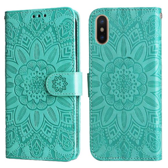 Funda tipo cartera FOXDOCK para iPhone X/Xs , diseño girasol en relieve, cuero PU, cierre magnético, soporte y tarjetero