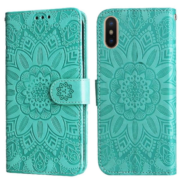 Funda tipo cartera FOXDOCK para iPhone X/Xs , diseño girasol en relieve, cuero PU, cierre magnético, soporte y tarjetero