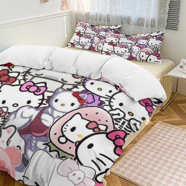 Cute Hello Kitty Thickened Three-piece Bed Set Cartoon Pillowcase Anime Quilt Cover Bedroom Hotel Theme House Vacation Home Holiday Anniversary Gift