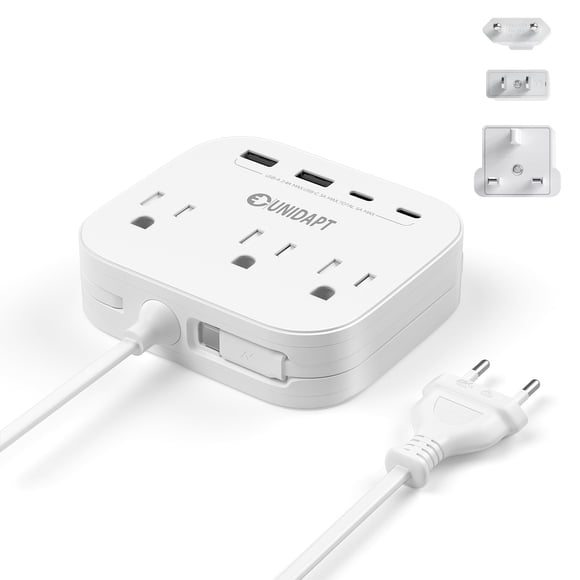 Regleta de enchufes Unidapt de US a EU y UK, 3 tomas de CA, 4 puertos USB, 1,5 m
