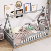 M&Ms - Twin Tent-Shaped Floor Bed,Teepee Bed With Guardrails,Slats,Grey
