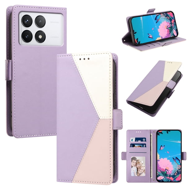 Funda con Solapa para Xiaomi 14T Pro, Diseño Tricolor con Ranuras, Morado