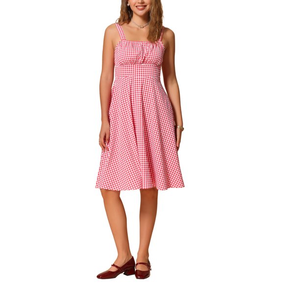 Vestido de Gingham sin Mangas para Mujer INSPIRE CHIC Vestido Midi Flowy de Cuadros Vintage con Fruncido en Línea A Rojo L