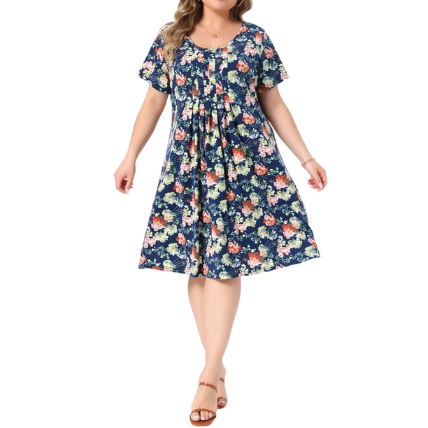 Vestido Midi de Verano con Cuello Redondo y Mangas Cortas con Pliegues Florales para Mujer de Talla Grande GRACE & GRANDEUR 3X Azul Oscuro