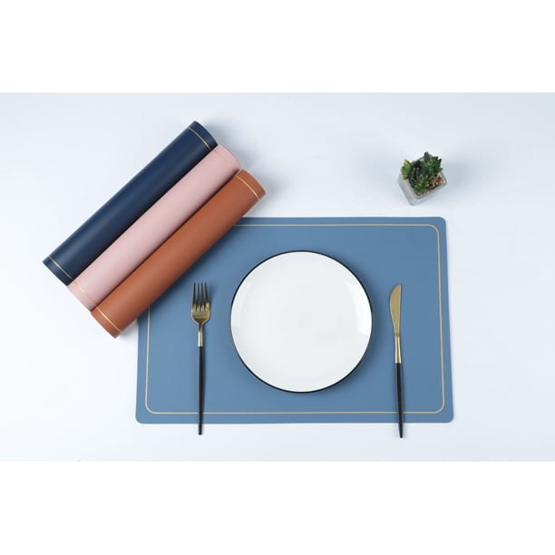 XmhyTop Juego de 4 Manteles Individuales de Piel Sintética, Impermeables, Fáciles de Limpiar, Resistentes al Calor y Antideslizantes para Uso Interior y Exterior, 45*30cm, Estilo A, Azul