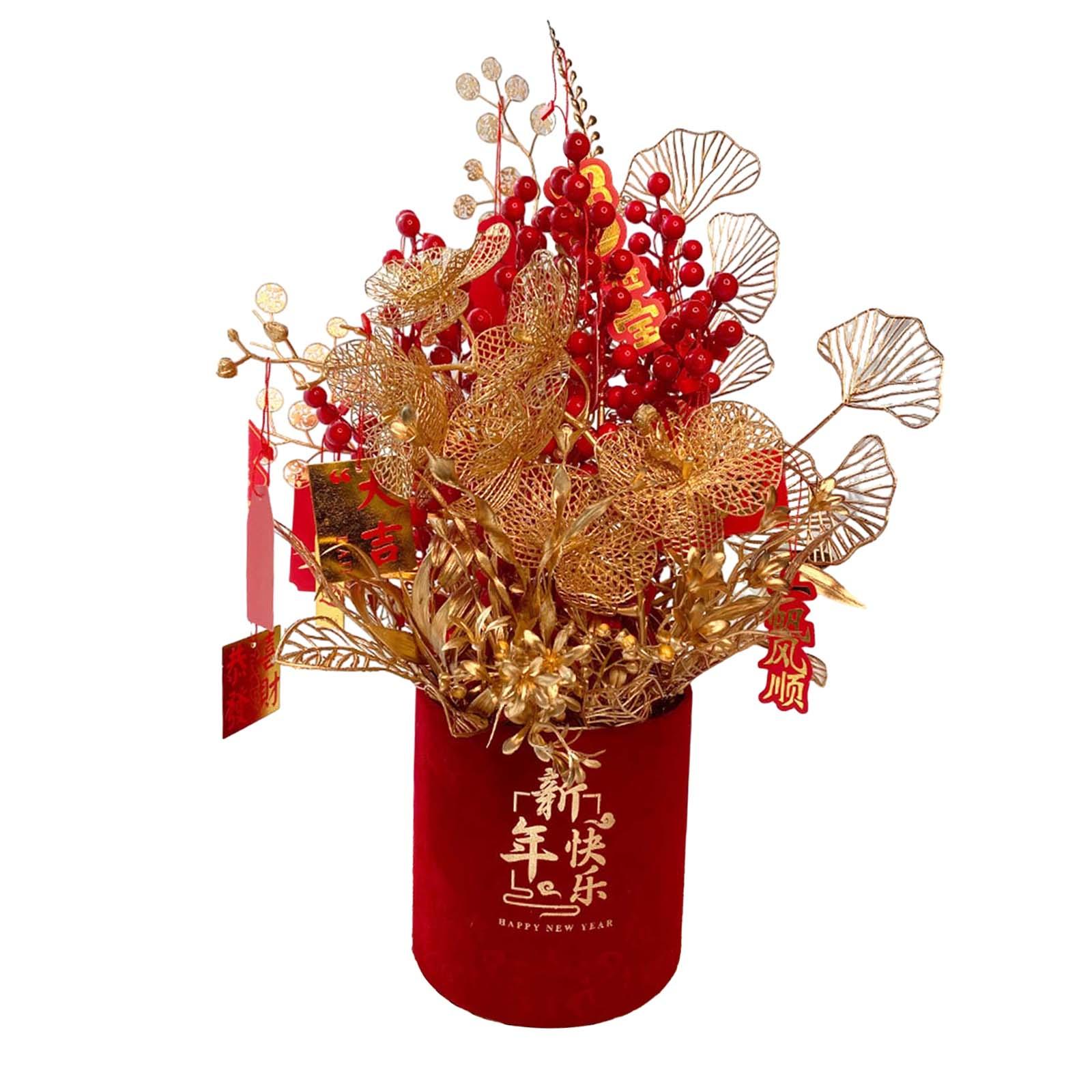 Magideal - Arreglo Floral Para Festivales De Primavera, Ramo De Bayas Rojas, Cubo, Escritorio, Buenos Deseos, Maceta Con Caracteres Chinos Para Inauguración De Estilo A