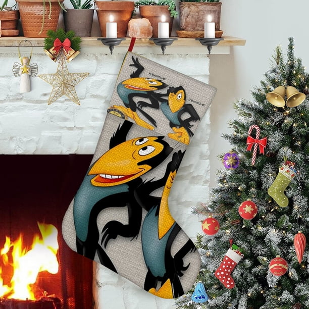 El Show de Heckle y Jeckle Tema: Calcetines de Navidad, fino lino blanco para colgar en escaleras y chimenea, decoración navideña para el hogar, regalo de Navidad. 45cm × 32cm
