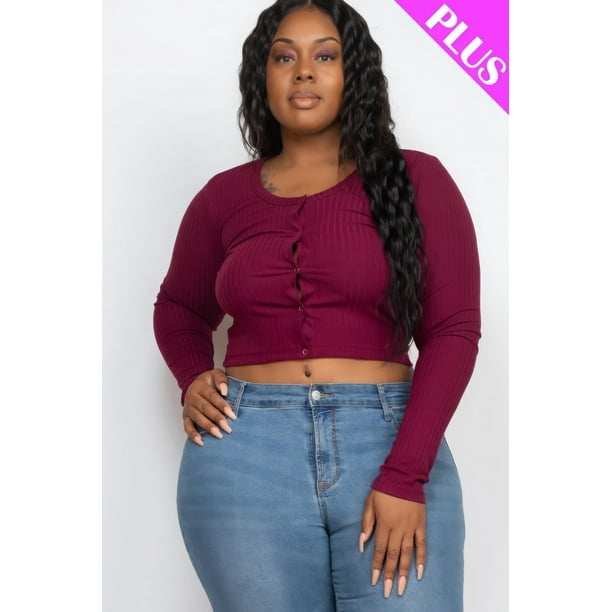 Saronite Top Corto Básico de Punto Acanalado con Mangas Largas y Botones Delanteros, Burdeos (Talla Grande para Mujer)