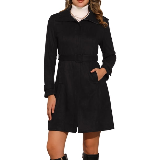 INSPIRE CHIC Abrigo de Imitación de Gamuza para Mujer con Cinturón, Chaqueta Larga con Cremallera y Diseño de Moda S Negro
