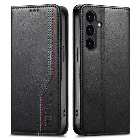 Funda tipo cartera para Samsung Galaxy S24 Fe de piel con cierre magnético, ranuras para tarjetas y correa para la muñeca Negro