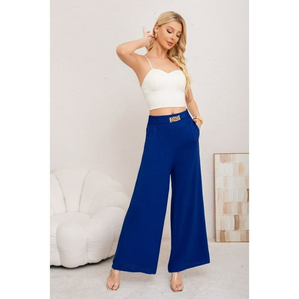 Pantalon Palazzo Algodon Mujer Tipo Lino Bota Ancha Hebilla 3006
