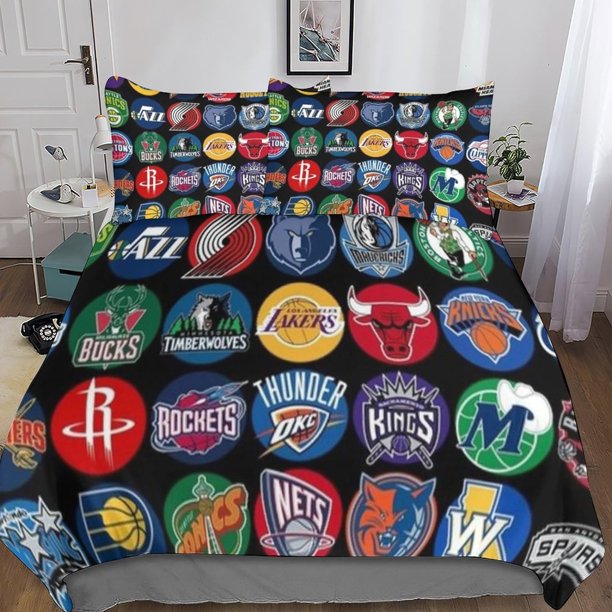 NBA Team Logo Print 3D Printed Duvet Cover 3PCs NBA Basketball Player Quilt Cover Bedding Set with Microfiber with Hidden Zipper Closure with Pillowcases Kids Adult Teens Comforter