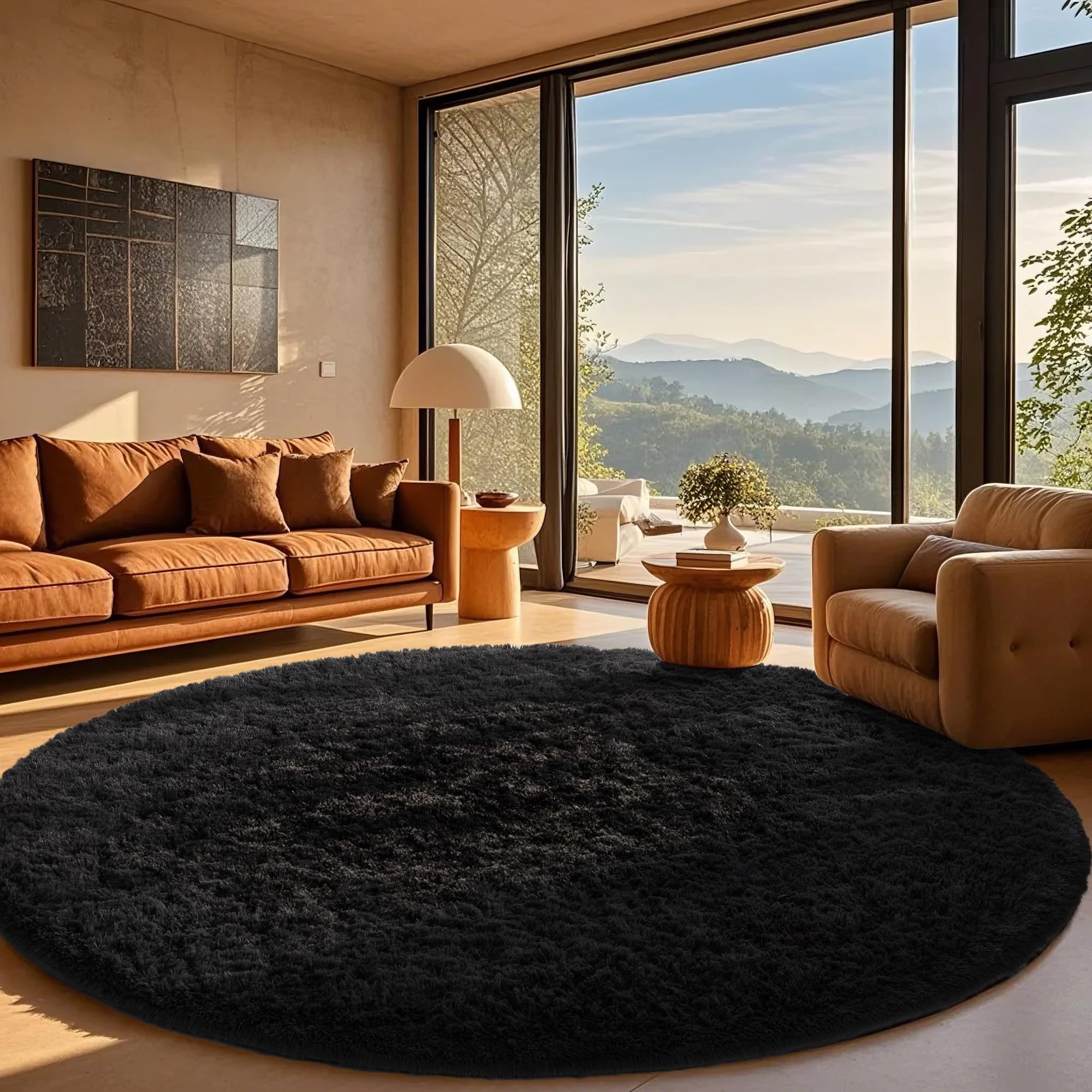Area Rug Ophanie, Redonda, Círculo Negro De 8 Pies, Para Decoración De Habitación Para Hombre