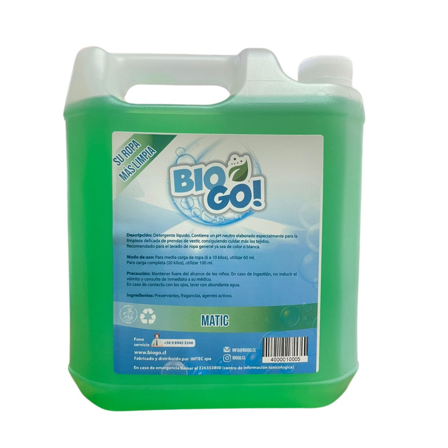 Detergente Liquido Biogo Matic 5 Litros Biodegrabable Unidad