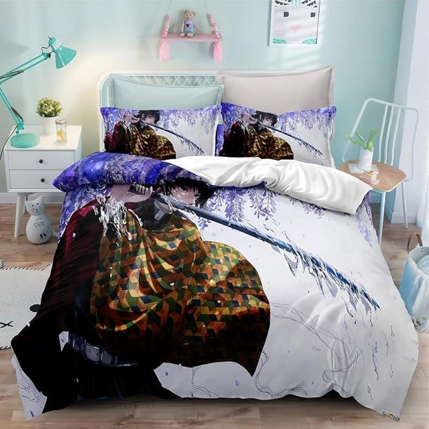 Bed --Duvet Co-ver A-nime Car-toon Demon--Slayer B-edding Set-s 3D Lightw-eight 3 Piece Co-mforter Sets 1 Duvet Cove-r and 2 Pillo-w Shams for Boys Girl