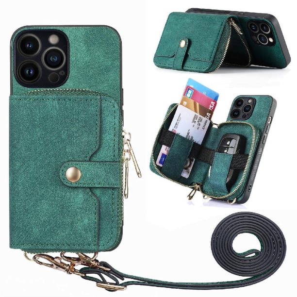 Funda Tipo Cartera con Correa Cruzada para iPhone 13 Pro Protección Contra Golpes Verde